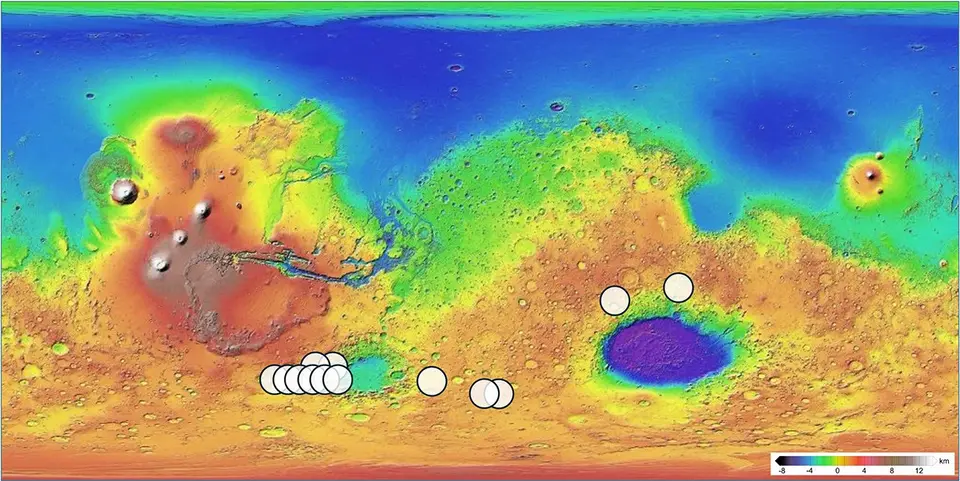 Un mapa de la NASA señala 13 posibles regiones de origen de un meteorito marciano antiguo